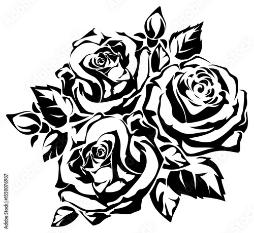 Rose flowers bouquet. Vintage roses illustration. Vector black silhouette