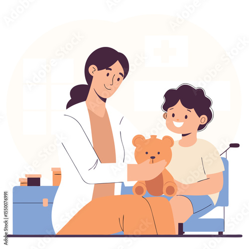 
Caring Pediatric Doctor Supporting Kid with Teddy Bear Vector