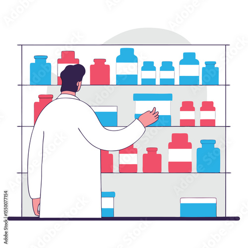 

Pharmacy Worker Choosing Medicine Bottles in Store Vector