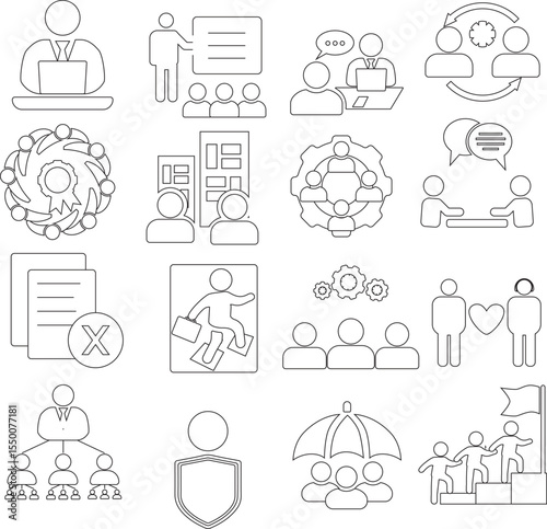 Business people icons collection. Collection of team, leadership, workshop, employee, career and more. Vector line illustrations. Easy to change to any color