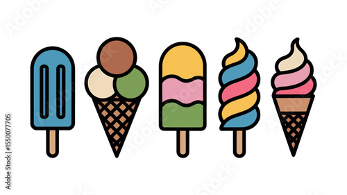Ice Cream and Popsicle Flat Color Vector Icons Set - Frozen Desserts. Ice, Cream, Popsicle, Flat, Color, Vector, Icons, Set, Frozen, Desserts, Sweet, Treat, Summer