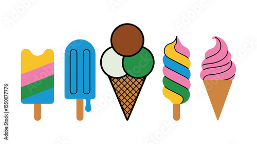 Ice Cream and Popsicle Flat Color Vector Icons Set - Frozen Desserts. Ice, Cream, Popsicle, Flat, Color, Vector, Icons, Set, Frozen, Desserts, Sweet, Treat, Summer