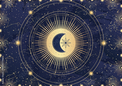 Card of mystical Sun, Moon, crescent, star, sunburst, night sky. Constellation galaxy celestial space. Spiritual zodiac horoscope, astrology sign, astronomy symbol. Magic vector illustration on blue
