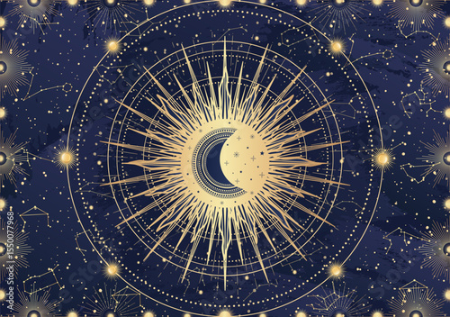 Card of mystical Sun, Moon, crescent, star, sunburst, night sky. Constellation galaxy celestial space. Spiritual zodiac horoscope, astrology sign, astronomy symbol. Magic vector illustration on blue