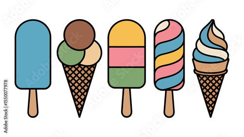 Ice Cream and Popsicle Flat Color Vector Icons Set - Frozen Desserts. Ice, Cream, Popsicle, Flat, Color, Vector, Icons, Set, Frozen, Desserts, Sweet, Treat, Summer