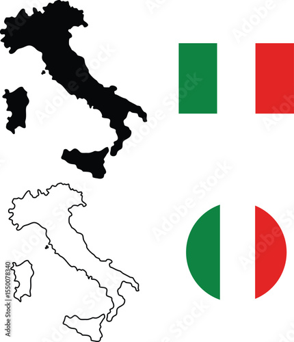 Print Italy black and outline map with two national flags – Minimalist Italian country silhouette and border design on white background