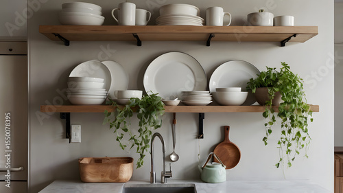 Scandinavian Kitchen Wall with Shelves and Plants – Minimalist Background