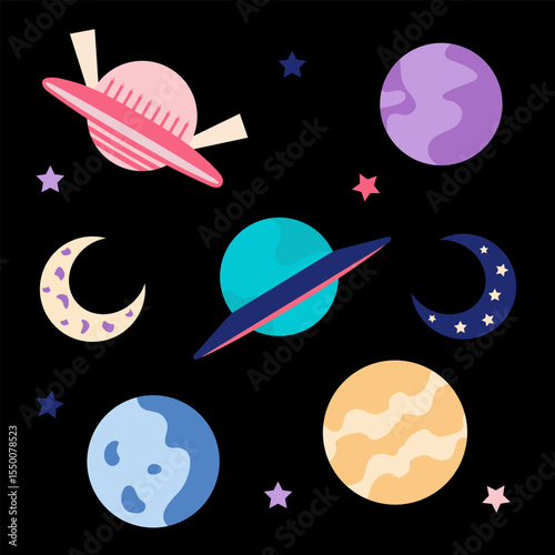 Space kit. Planets and spaceships. Flat style. Vector illustration. Space exploration