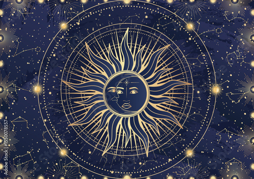 Card of mystical Sun Moon with face, crescent, star, sunburst, night sky. Constellation galaxy celestial space. Spiritual zodiac horoscope, astrology sign, astronomy symbol. Magic vector illustration