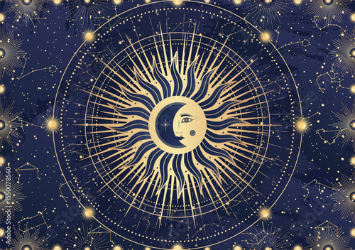 Card of mystical Sun Moon with face, crescent, star, sunburst, night sky. Constellation galaxy celestial space. Spiritual zodiac horoscope, astrology sign, astronomy symbol. Magic vector illustration