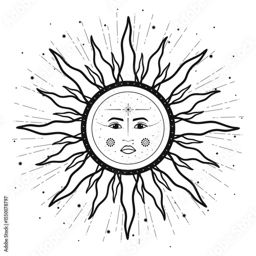 Hand drawn mystical Sun with face, sunburst, rays, stars. Spiritual celestial space, astrology sign, astronomy symbol. Magic talisman, antique style, vintage, boho, tarot. Vector outline illustration