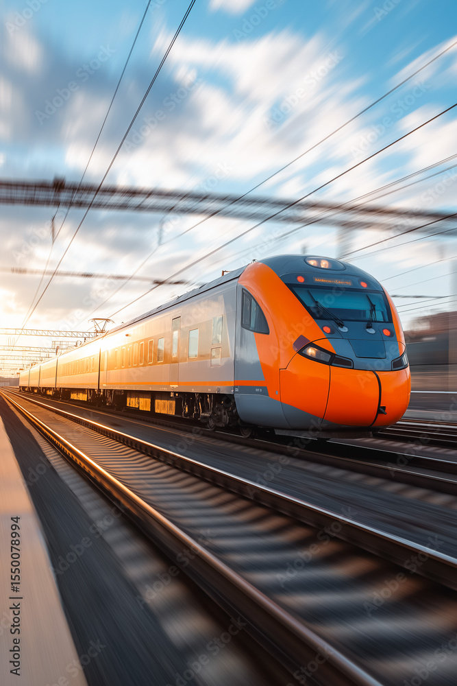 Fototapeta premium A modern high-speed train in motion on a sunny day, highlighting rapid transit.