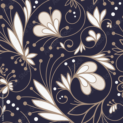 Abstract seamless pattern with openwork ornament of flower, leaves, branches, curls, flowing lines. Blue floral ornamental texture. Hand drawn vector illustration for wallpaper, wrapping paper, fabric