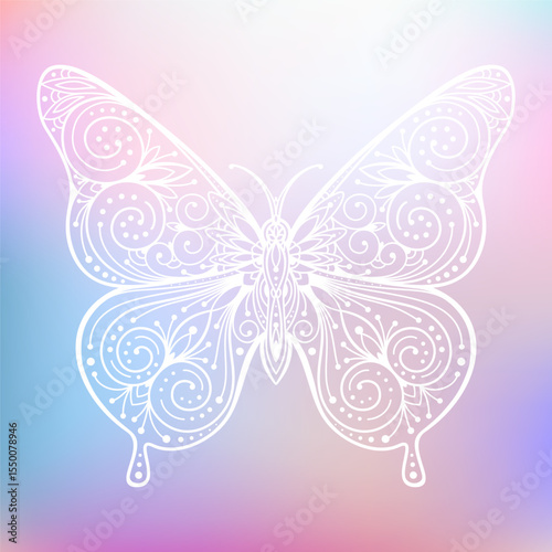 Hand drawn silhouette of flying butterfly with floral ornamental pattern. Decorative animal, ethnic oriental ornament, symbol, talisman. Vector illustration on pastel multi color gradient background