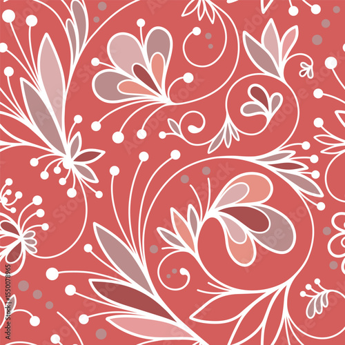Abstract seamless pattern with openwork ornament of flower, leaves, branches, curls, flowing lines. Red floral ornamental texture. Hand drawn vector illustration for wallpaper, wrapping paper, fabric