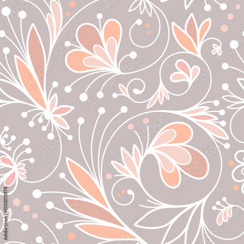 Abstract seamless pattern with openwork ornament of flower, leaves, branches, curls, flowing lines. Cute floral ornamental texture. Hand drawn vector illustration for wallpaper, wrapping paper, fabric