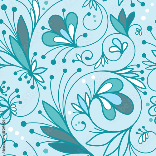 Abstract seamless pattern with openwork ornament of flower, leaves, branches, curls, flowing lines. Blue floral ornamental texture. Hand drawn vector illustration for wallpaper, wrapping paper, fabric
