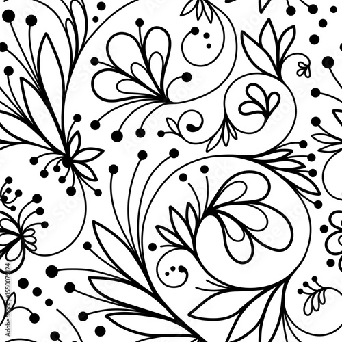 Abstract seamless pattern with openwork ornament of flower, leaves, branches, curls, flowing lines. Floral ornamental texture. Hand drawn vector illustration for wallpaper, wrapping paper, fabric