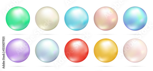 Realistic 3d glossy natural sea pearl. Spherical beautiful 3d color pearls, jewel gems, natural round shapes, jewelry element, romance or love symbol. Vector illustration isolated on white background