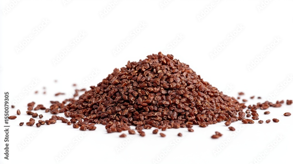 Brown seeds piled on a white background showcasing their texture and natural color in a clean, minimalistic setting Brown seeds piled on a white background showcasing their texture and natural color in a clean, minimalistic setting