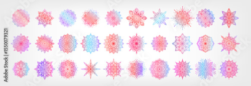Colorful hand drawn silhouette of mandala with floral ornamental patterns, curls, flowers, leaves. Vector ornament, multi color gradient mosaic. Ethnic oriental mandala illustration