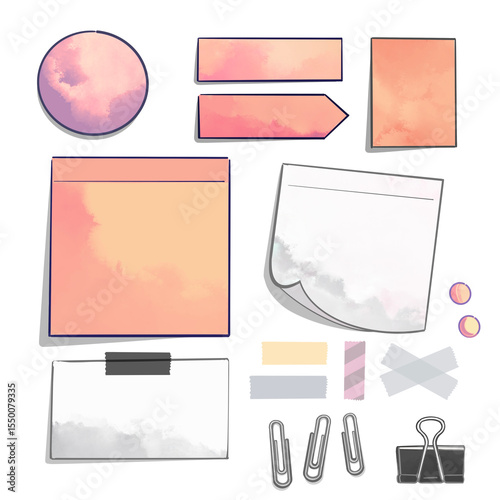 Handgezeichnete Post-it Zettel, Notizzettel, Washitape, Klebestreifen und Pins - Büro Sammlung - Teil 8 - Orange Rose Duo Rosa - Wasserfarben - Cutout Illustration / Zeichnung 