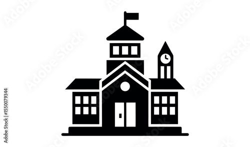 Black silhouette of a classic school building with a clock tower and flag