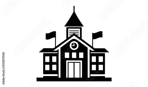 Stylized black silhouette of a classic school building with flags and clock