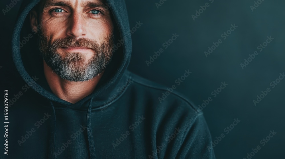 Fototapeta premium A striking portrait of a confident, bearded man in a black hoodie against a dark background, reflecting strength, resilience, and contemporary urban style.