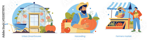 Urban Greenhouses and Farmers Market Vector Illustration