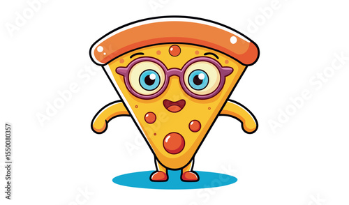 Cute cartoon slice of pizza wearing glasses and smiling