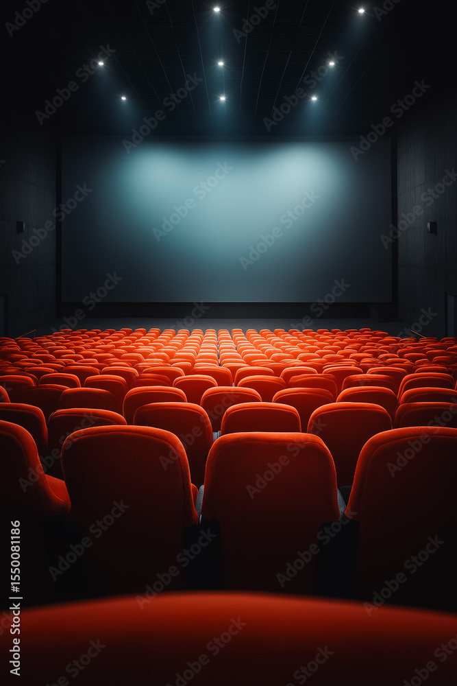 Fototapeta premium Large cinema auditorium presents blank screen. Empty theater features red seats for audience. Projection venue entertainment industry, film presentation, movie showtime, modern design. Public place