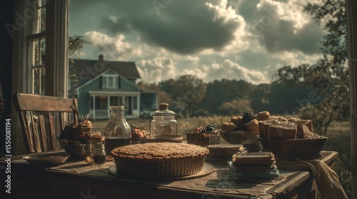 Fototapeta Naklejka Na Ścianę i Meble -  A comforting harvest spread of homemade pie and fruits set before a dreamy landscape evokes a feeling of rural autumn