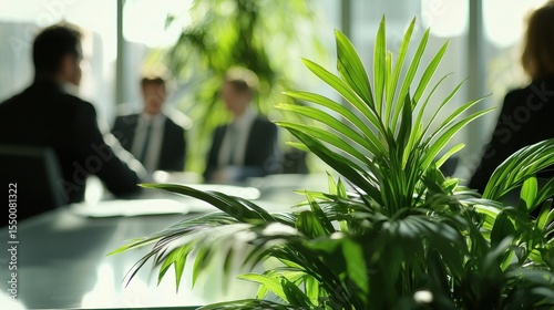 Business meeting with professionals discussing strategies in a bright office setting with plants