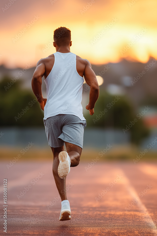 Fototapeta premium Man running on track, back view