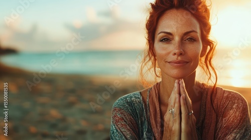 A calm and poised woman with flowing hair sits on the beach in a meditative pose against a stunning sunset backdrop, embodying tranquility and inner peace within nature.