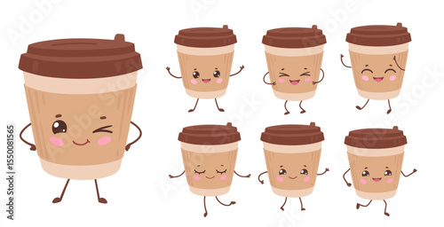 Vector illustration of cute takeaway coffee cups with different emotions. Funny character set, isolated illustration.