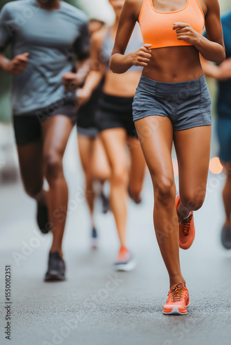 Running, motion and group of people on path together for marathon race, fitness and speed. Fast run team, urban runner club and racing in city street training workout with feet and legs on ground.