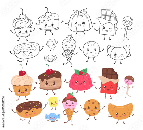 Vector illustration of various cute dessert characters with happy faces. Cartoon sweets set, isolated illustration.