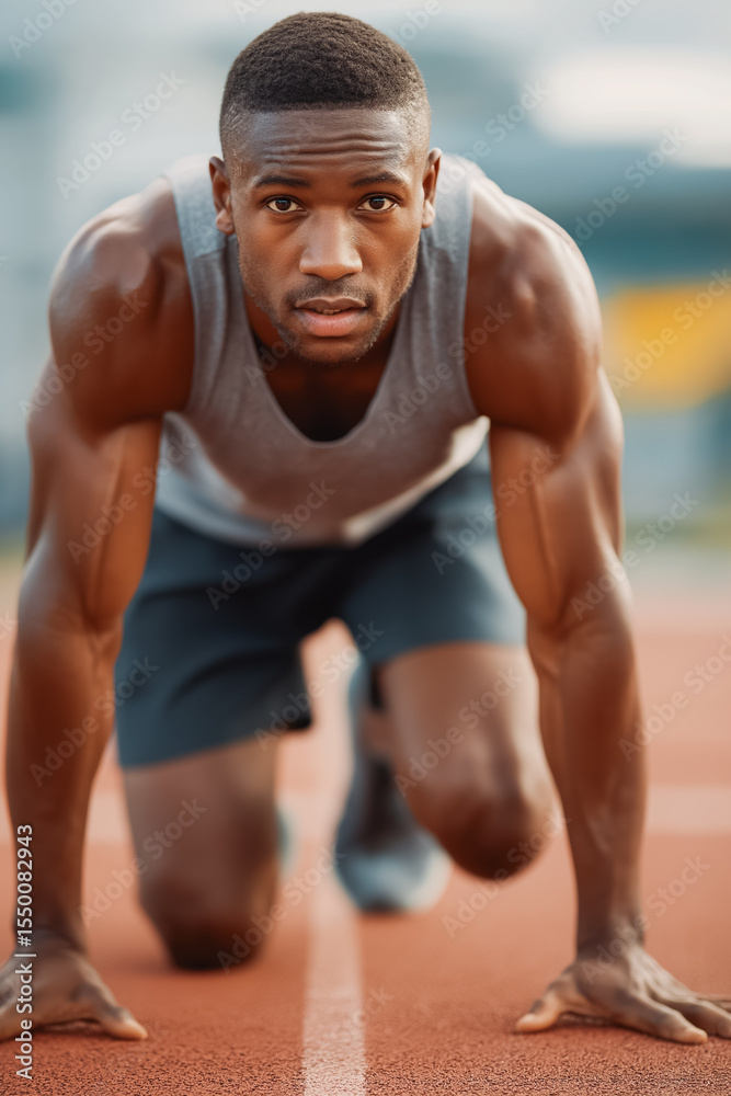 Sportsman at starting line of running track Sportsman at starting line of running track