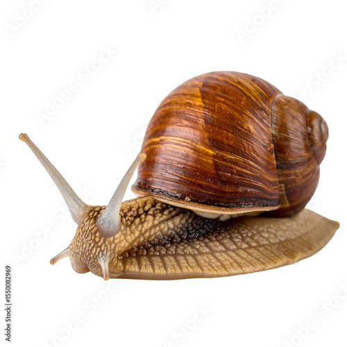 Garden snail with brown shell slowly moving on a transparent background isolated on transparent background