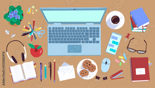 Vector illustration of creative workspace with laptop, coffee and stationery. Top view isolated object collection.
