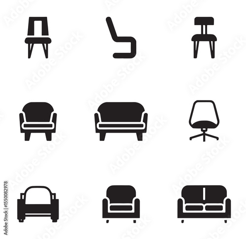 Versatile Chair & Sofa Silhouette Icon Set — Modern Black Vector Symbols of Armchairs, Office Chairs, and Sofas in Various Styles on Clean White Background.