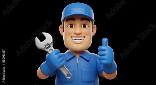 Realistic emoji of a male plumber with blue uniform, gloves, wrench in hand, and confident smile, PNG.