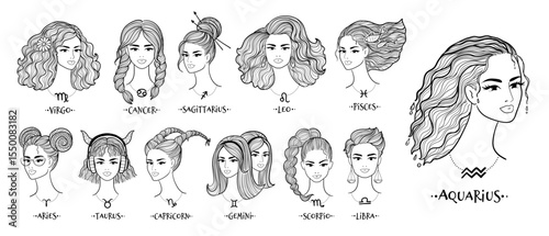 Vector illustration of twelve zodiac signs as women with symbolic hairstyles and elements. Line art isolated illustration.