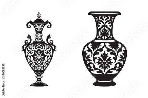 Ornate Black Silhouette Vase Vector Set with Floral Decorative Patterns