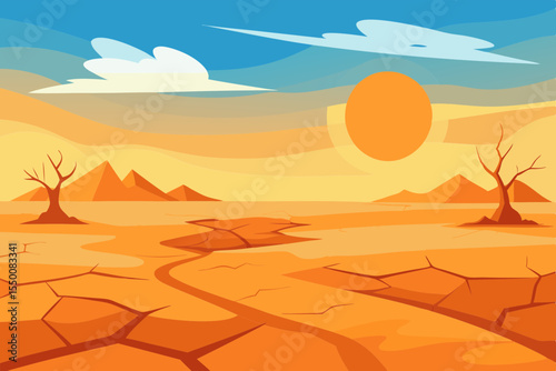 Cracked Earth Landscape Under Hot Sun Drought Scene