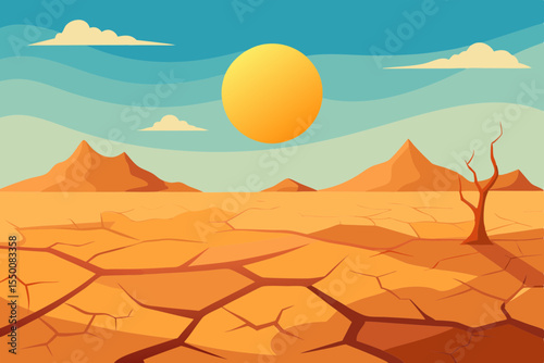 Drought Affected Cracked Land with Sun Illustration