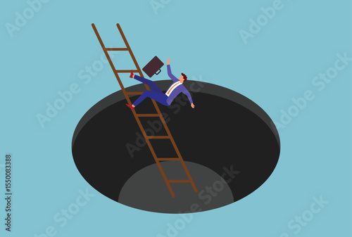 Vector illustration of a businessman falling from a ladder into a hole, symbolizing unexpected setbacks, hidden risks, or the consequences of missteps in career growth
