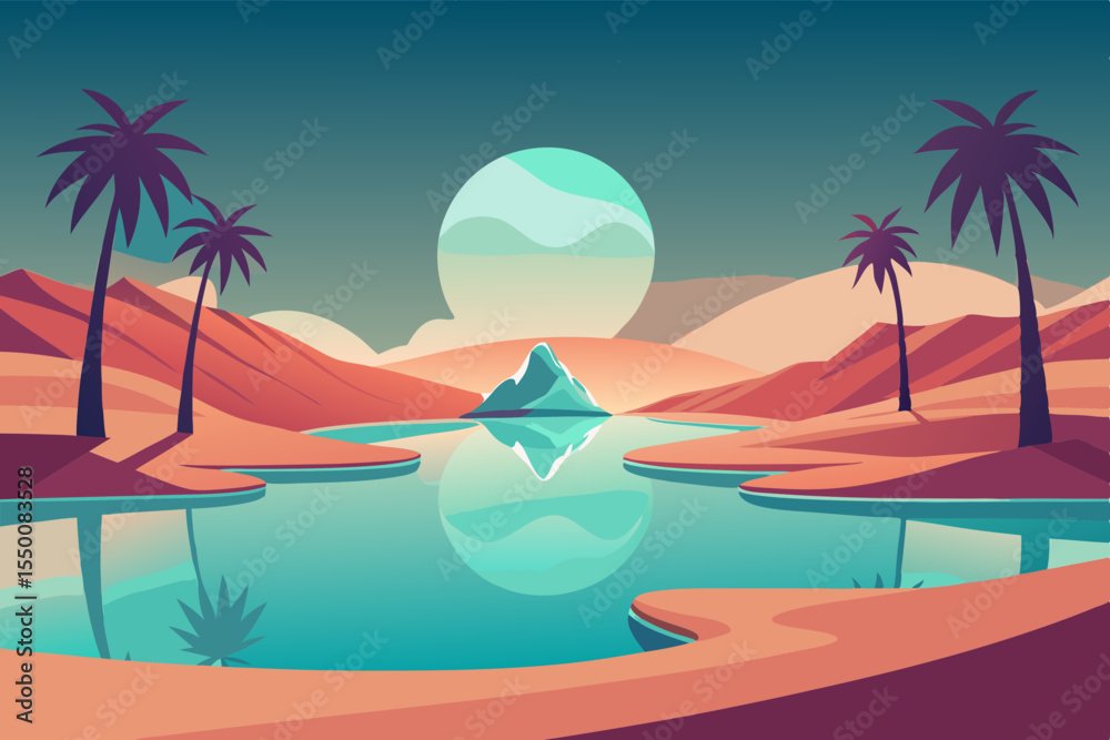 Obraz premium Ethereal Oasis in Vast Desert with Palm Reflections